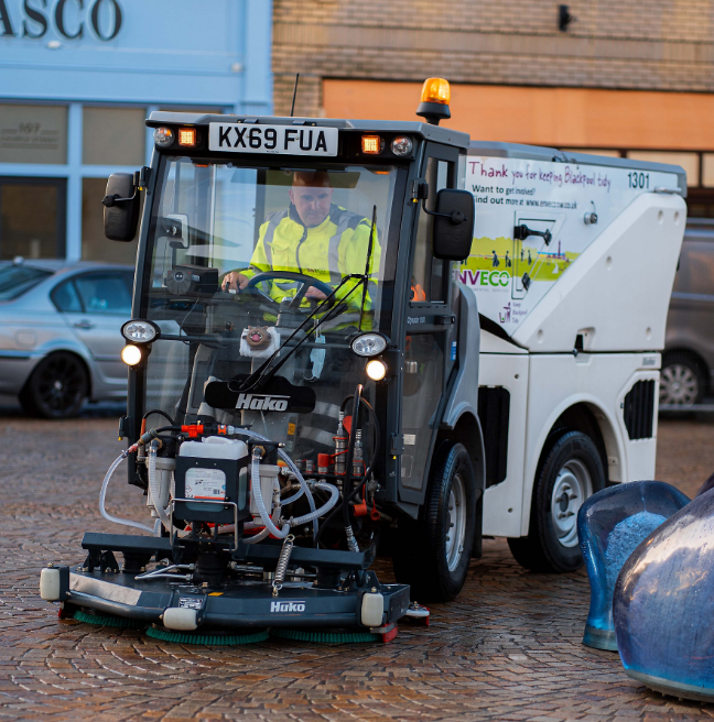 Enveco sweeper machine cleaning Blackpool path tiles.
