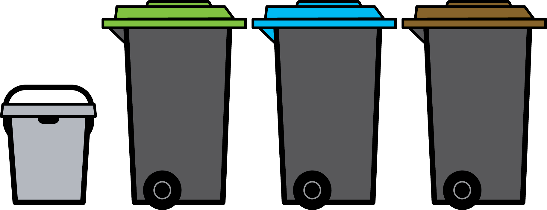 Blue, Brown, Green lidded wheeled bins and outdoor food caddy