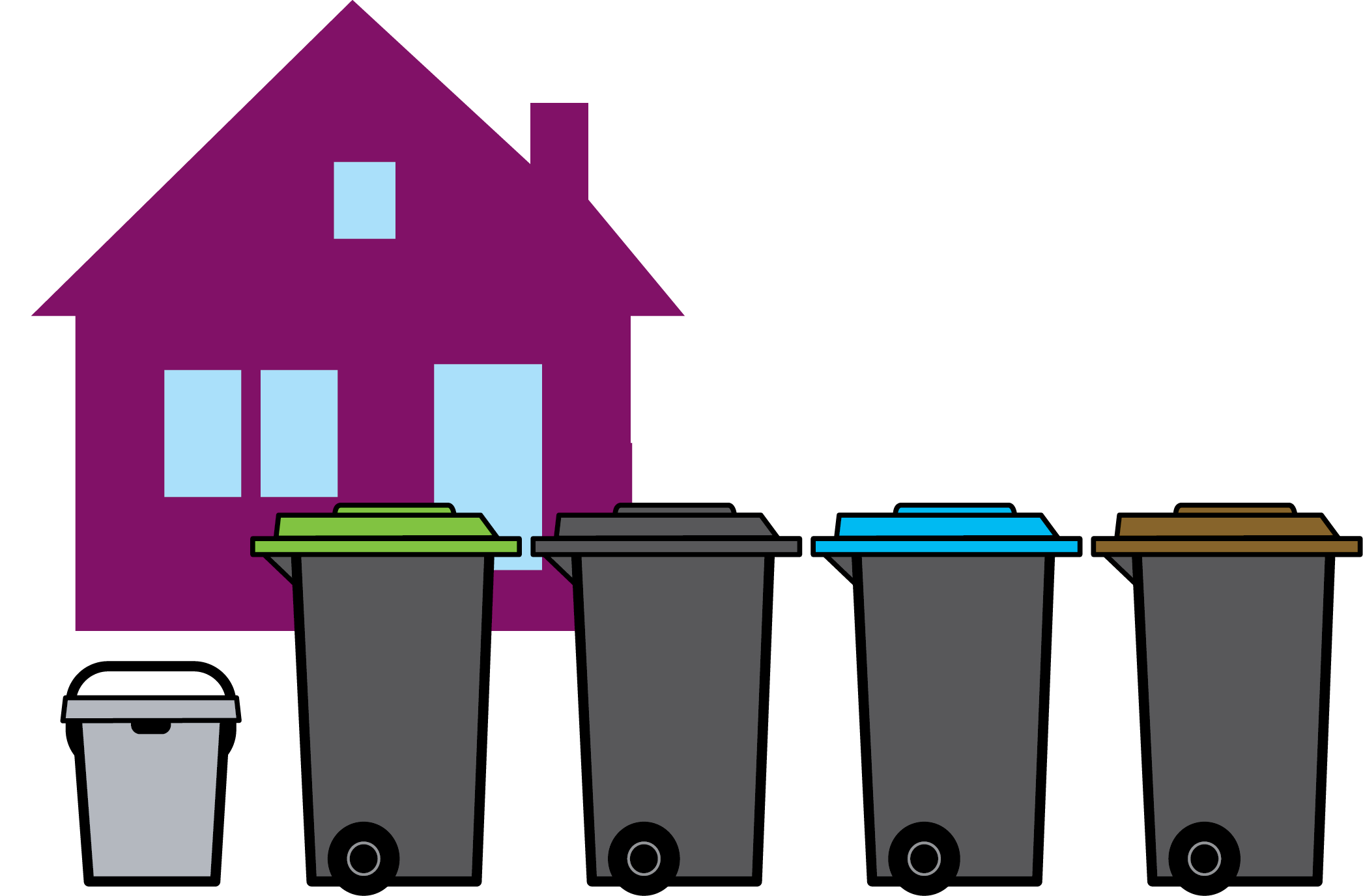 House, Green, Blue, Brown and Grey lidded wheeled bins and a outdoor food caddy